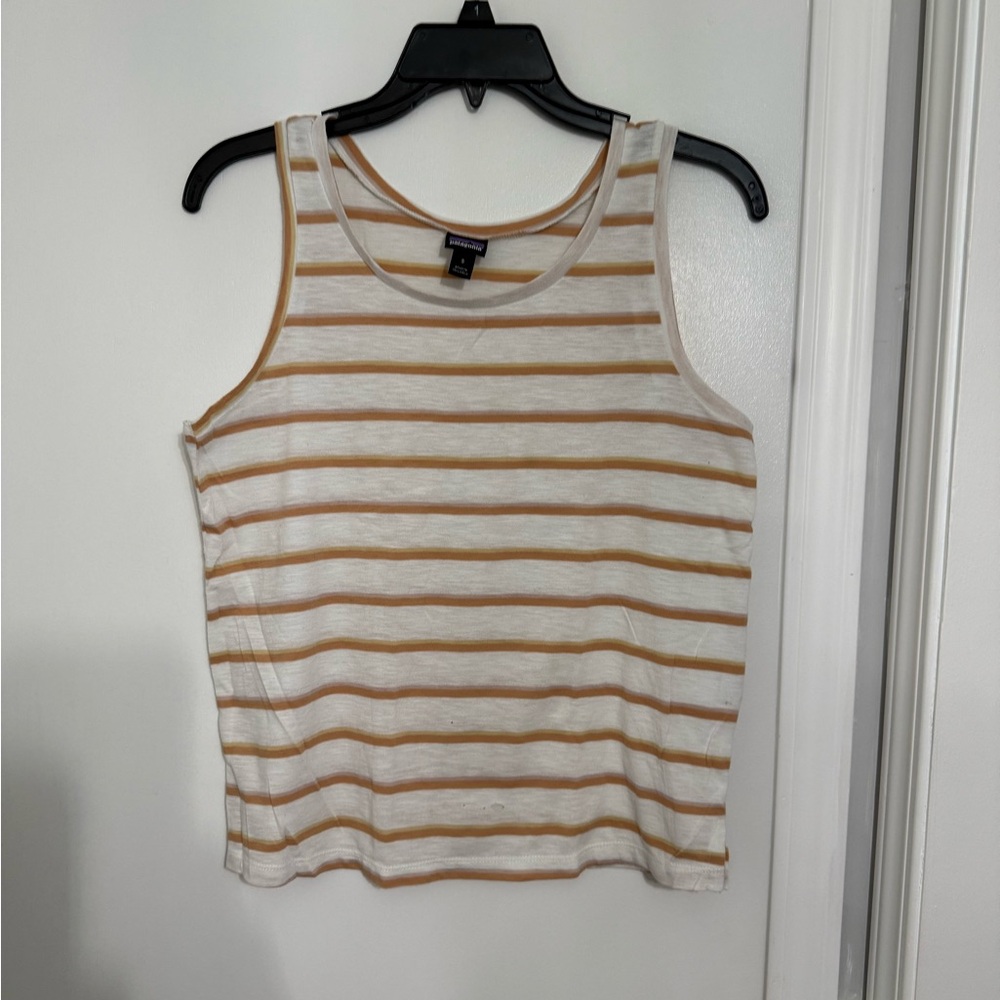 Patagonia Women's Tan and White Striped Tank Top